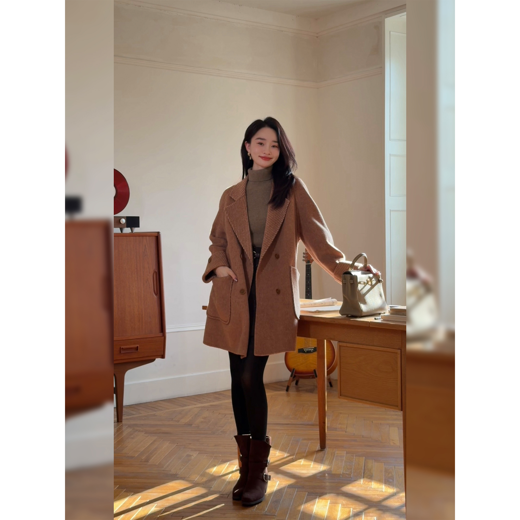 邱莹莹HELA AOMI “藏肉大衣”绵羊毛95%+骆驼绒高奢感柔软大衣