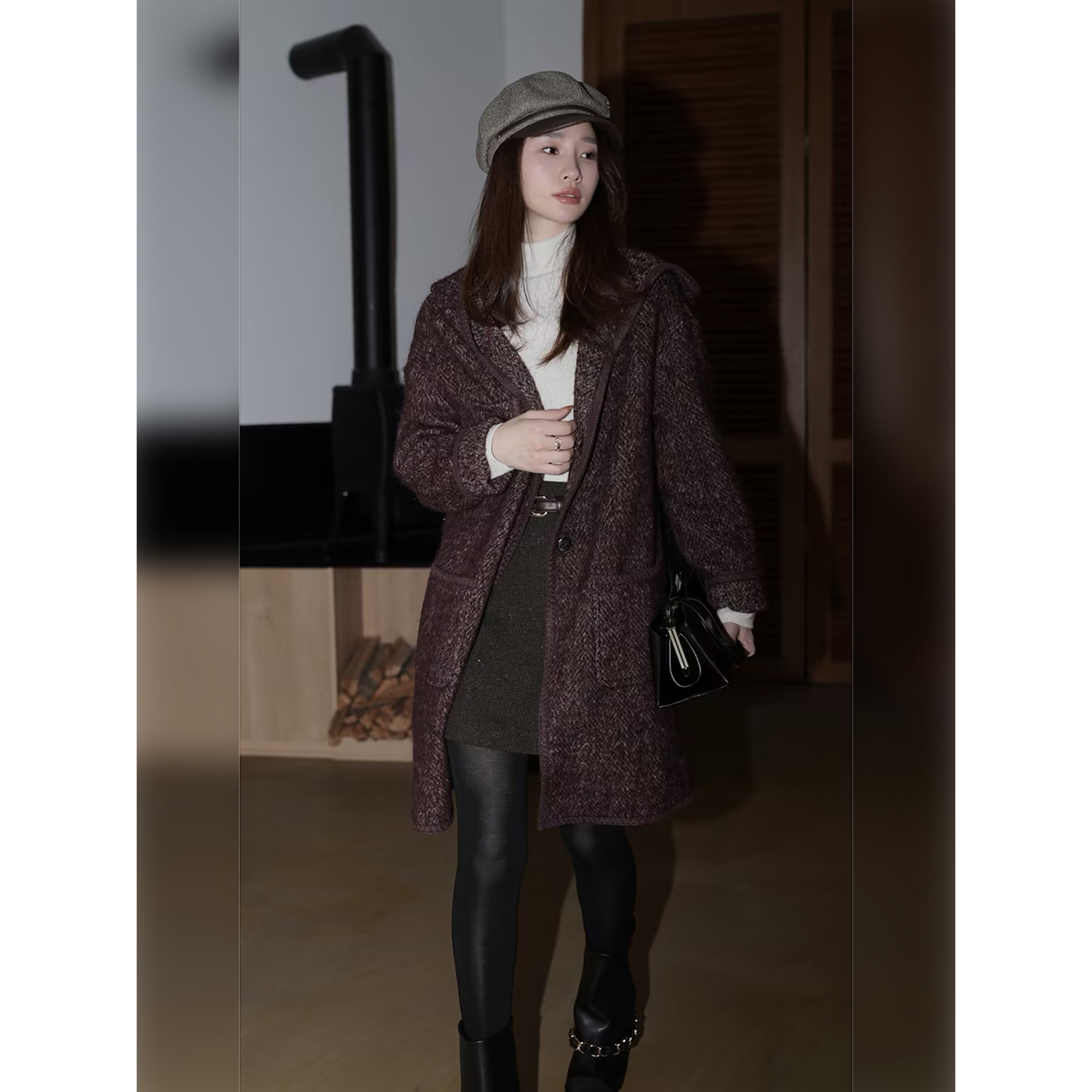 邱莹莹 HELA AOMI “紫毛毯大衣”绵羊毛73%+马海马山羊绒外套