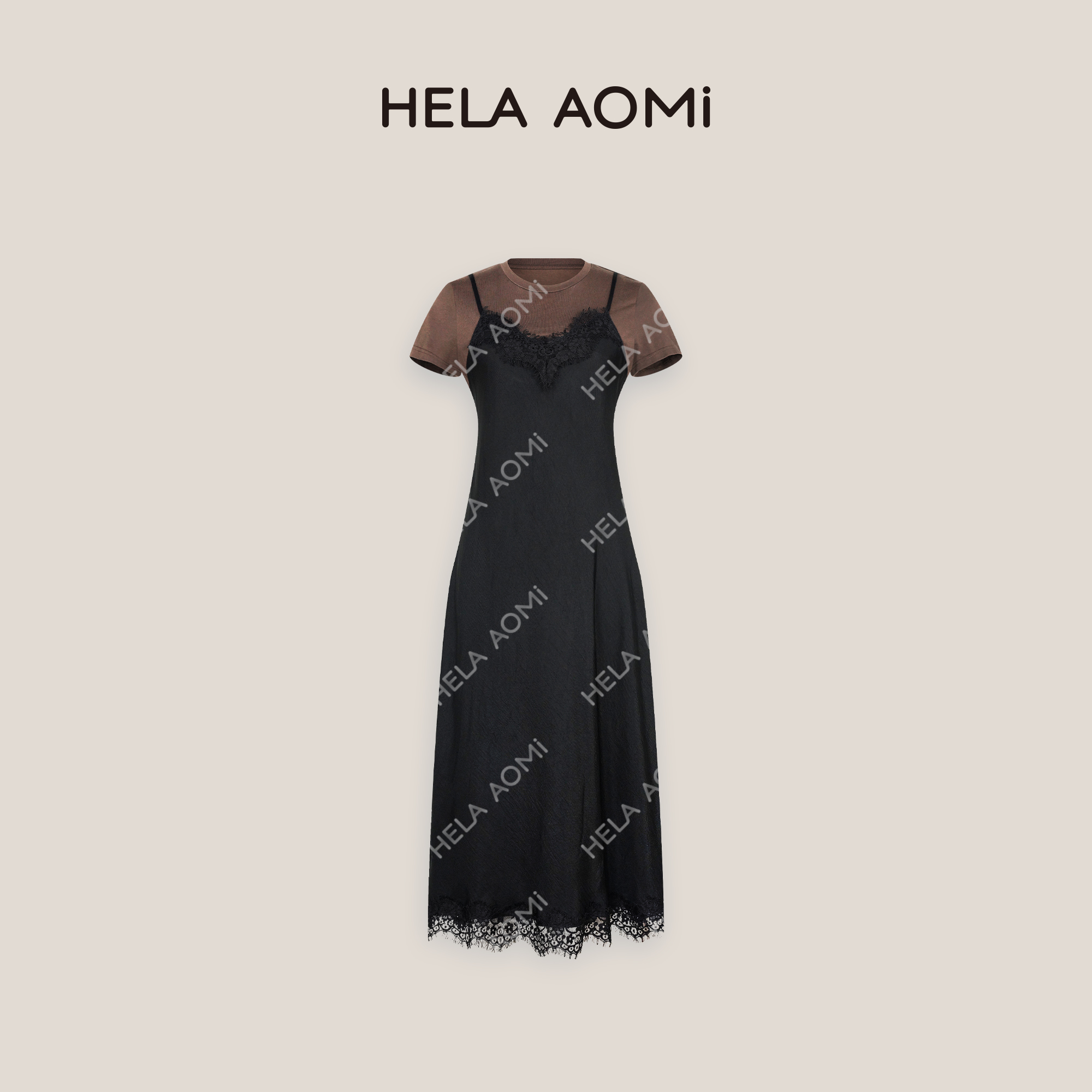 邱莹莹 HELA AOMI “黑蔷薇”桑蚕丝高级感拼蕾丝边假两件连衣裙