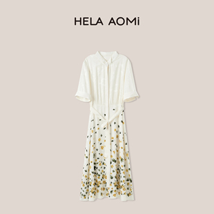 迎春花卉 90.2%桑蚕丝碎花立领大摆连衣裙 AOMI 邱莹莹HELA