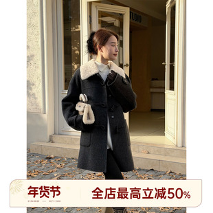 邱莹莹 HELA AOMI “柏林晨雾”绵羊毛100%牛角扣翻领毛呢大衣