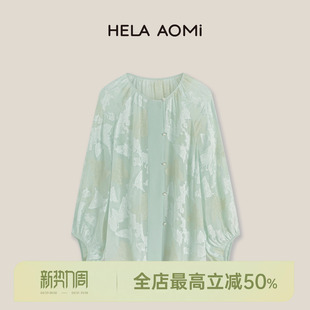 衬衫 邱莹莹HELA 100%桑蚕丝宽松廓形灯笼袖 湖水弄蝶 AOMI