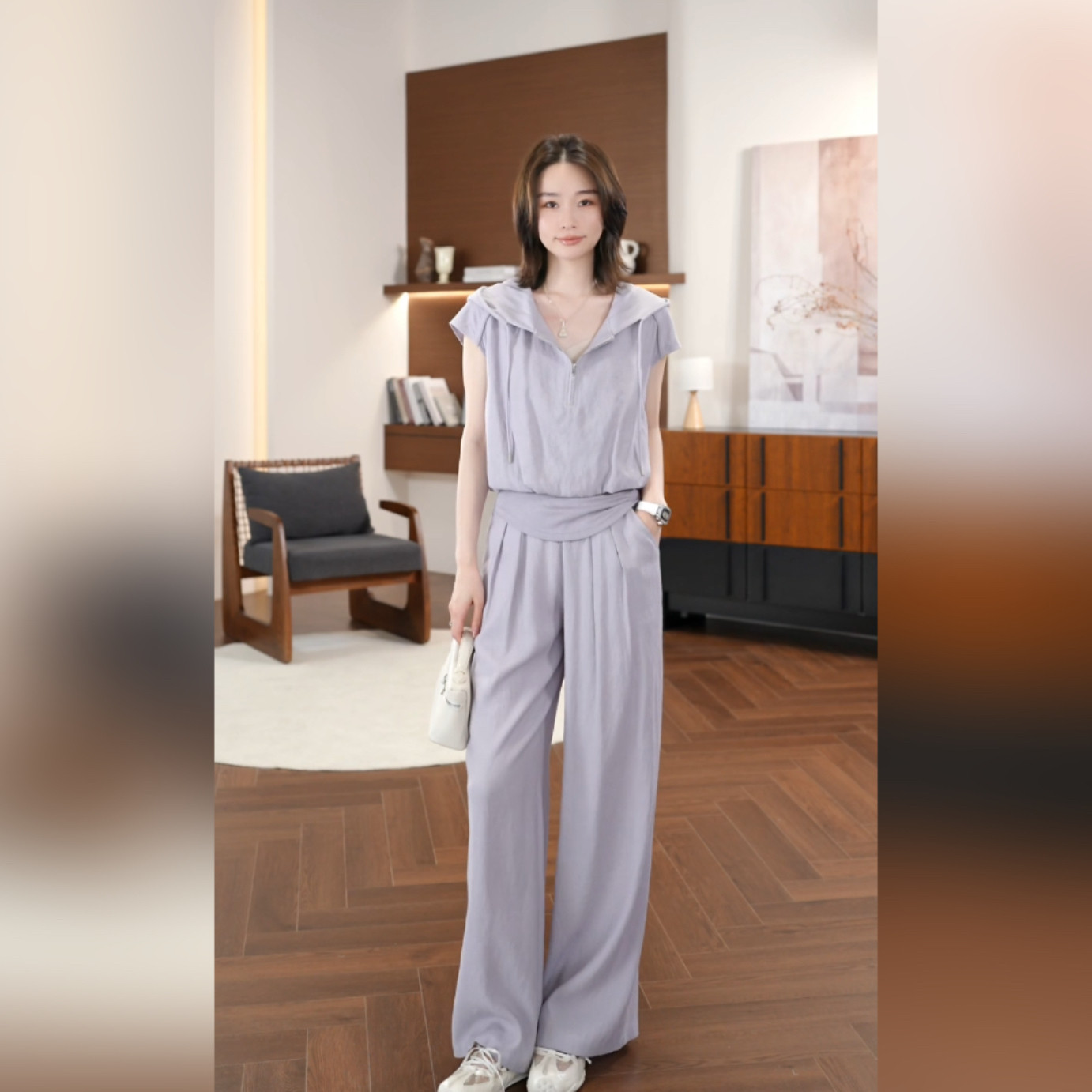 邱莹莹 “雾紫套装”亚麻小飞袖连帽上衣宽松阔腿休闲裤纯色套装
