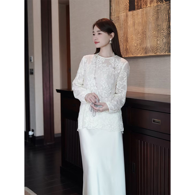 邱莹莹HELA AOMI “月下蔷薇”桑蚕丝100%镂空蕾丝慵懒薄款衬衫