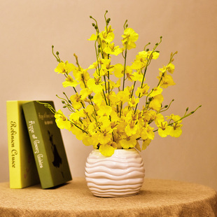 黄色跳舞兰彷真桃花客厅结婚订婚摆件乔迁小盆栽绢布装饰花艺摆设