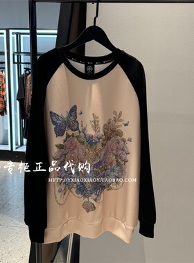 轻奢潮牌TCH专柜正品 2024秋款重工花卉烫钻圆领卫衣 T72C116118