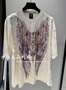 TCH轻奢潮牌专柜正品 2025春夏款重工翅膀烫钻短袖T恤T75B106045A