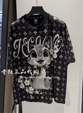轻奢潮牌TCH专柜正品 2025春夏款男女烫钻满印短袖T恤 T75B106012
