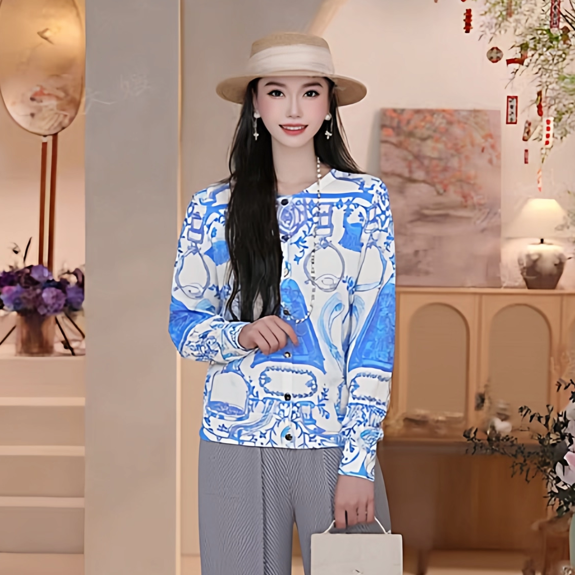 2025女士春秋羊毛衫中年妈妈洋气薄款针织开衫外套时尚印花外搭