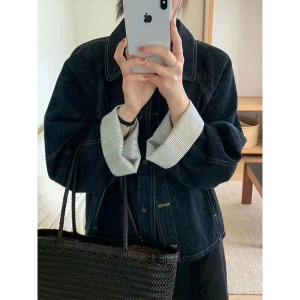 韩版polo领设计感卷边拼色牛仔外套女2024秋季新款宽松显瘦上衣潮