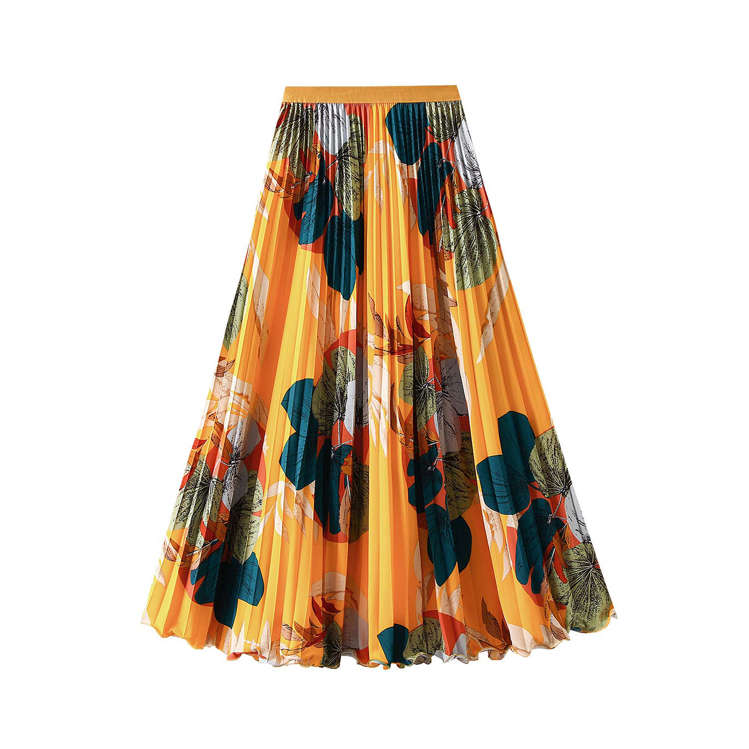 D9808-3 复古印花百褶半身裙女春夏中长款垂感大摆裙橘色花卉半裙