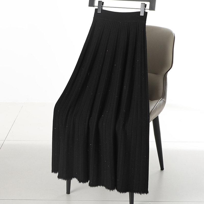 F2526 针织半身裙女2024秋冬新款亮片中长款裙高腰显瘦气质大摆裙