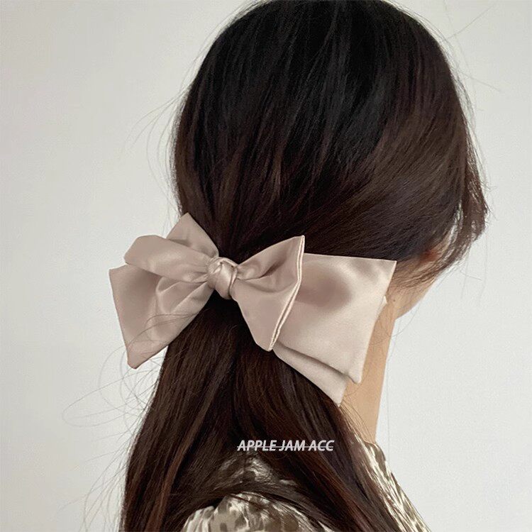 韩国进口 雪纺 三层 香槟色 缎面 蝴蝶结 弹簧夹 公主夹