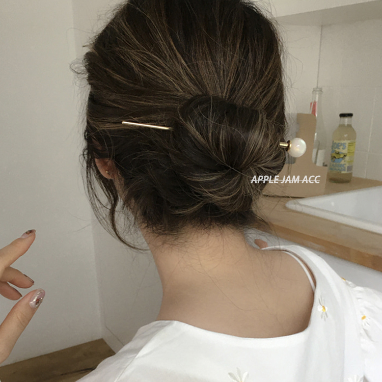 APPLEJAM 韩国 复古 花纹 树脂 球球 装饰 金色 发簪 盘发工具