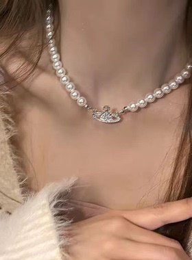 闪钻女欧阳娜娜同款小众锁骨链轻奢高级感饰品人造珍珠土星项链