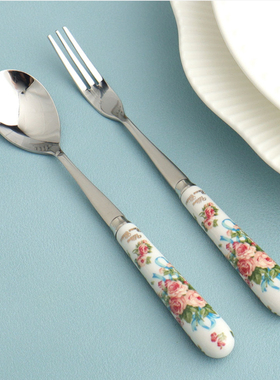 韩国进口SMF咖啡勺子甜品搅拌棒陶瓷柄不锈钢水果叉韩式创意个性