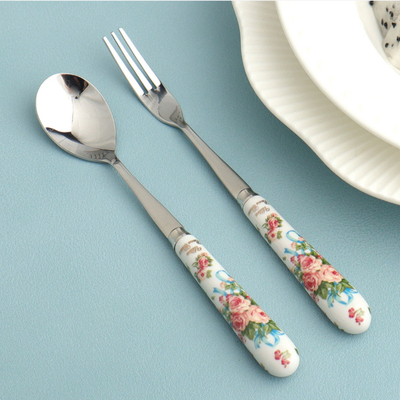 韩国进口SMF咖啡勺子甜品搅拌棒陶瓷柄不锈钢水果叉韩式创意个性