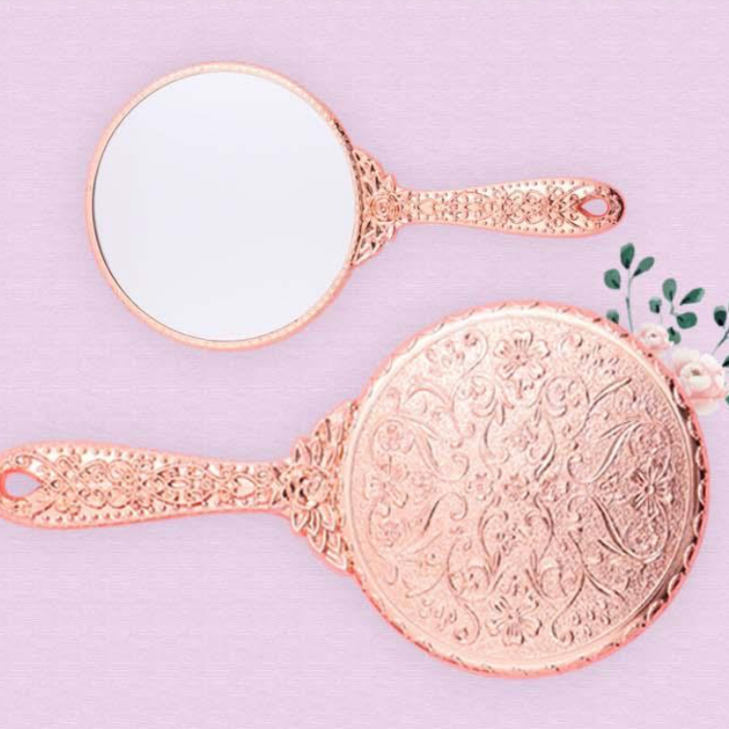 韩国进口轻奢化妆镜结婚梳妆镜玫瑰金公主镜手柄镜手持镜子大号