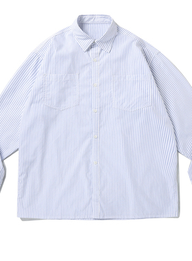 SINRCREW日系蓝白色细条纹通勤日常基础宽松休闲长袖衬衫男潮牌