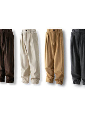 Sinrcrew日系复古春季新款cityboy阔腿双褶直筒灯芯绒长裤国潮