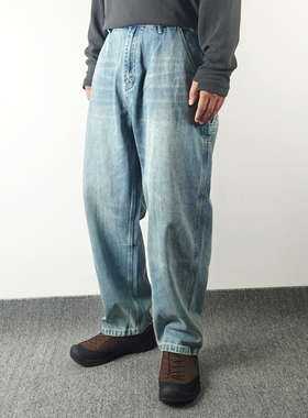 Sinrcrew日系复古城市通勤工具口袋微锥直筒竹节纹伐木工牛仔裤