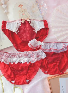 甜美风红色蕾丝三角裤女低腰纯欲性感内裤透气