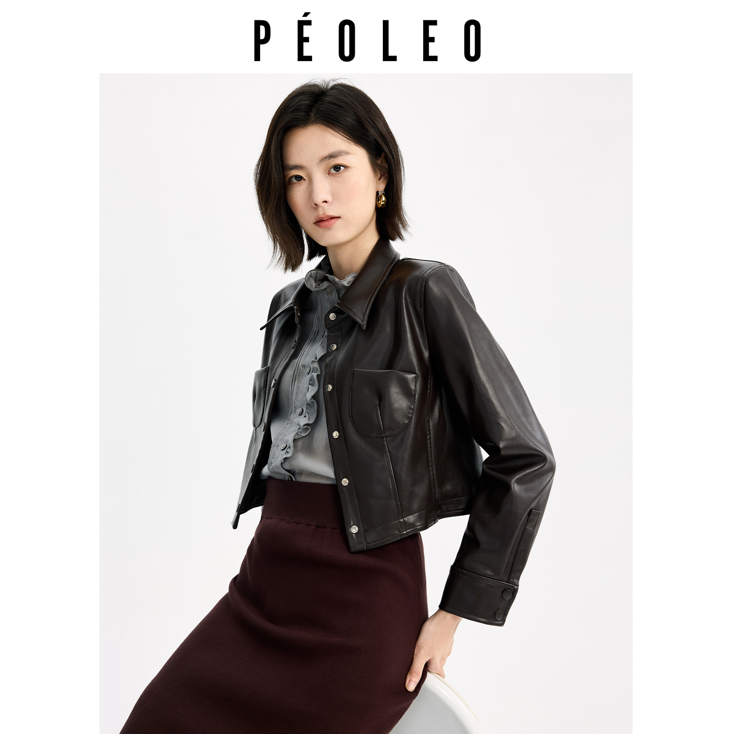 飘蕾咖啡色pu皮衣2025年秋季新款女装正肩翻领机车显瘦气质短外套