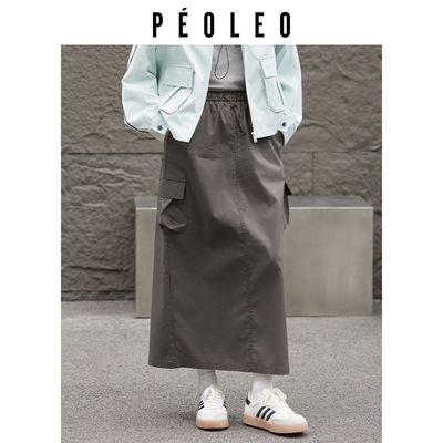 飘蕾军绿工装风中长抽绳半身裙