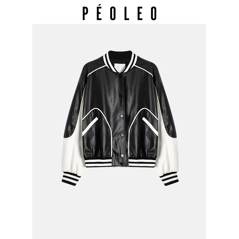 飘蕾美式高街潮流棒球服女2025秋新款拼接撞色设计感立领PU皮外套