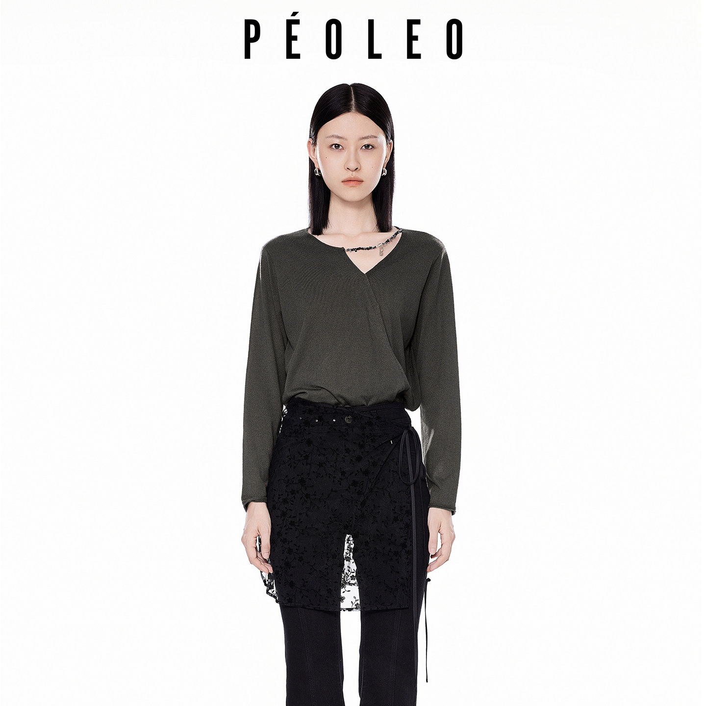 Peoleo飘蕾优雅风V领针织衫26年春季新款小众串珠军绿色长袖上衣,女装/女士精品,毛针织衫,淘宝优惠券,粉丝福利购,淘宝优惠卷