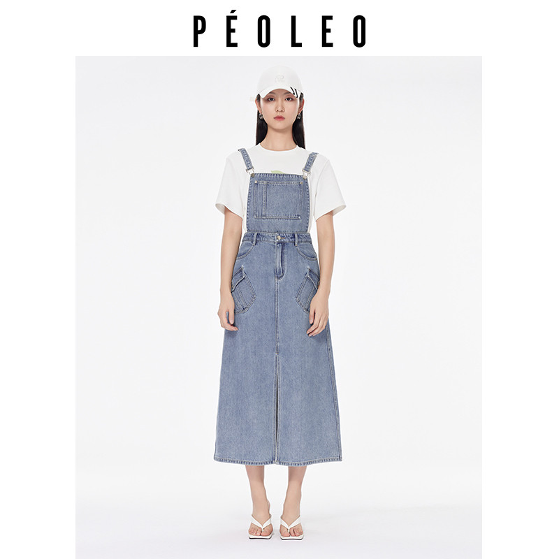 飘蕾减龄开叉牛仔背带裙女夏季新款学院风宽松长款吊带连衣裙