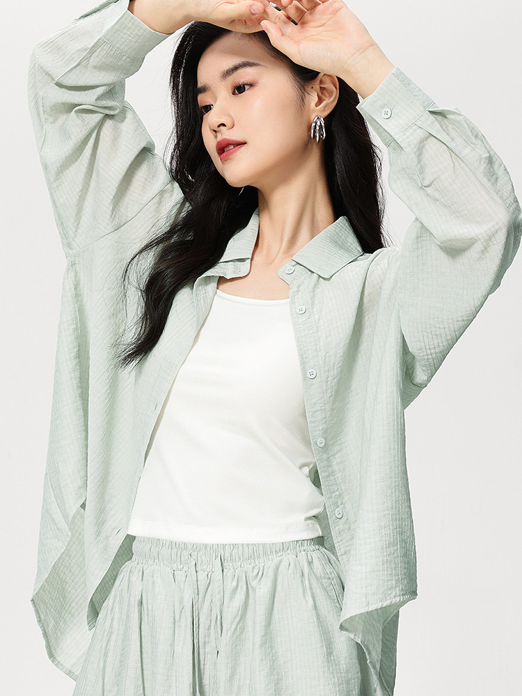 [민트 맘보 셔츠 세트] 플로팅 레이 멀티 컬러 셔츠 여성 2024 여름 신작 경량 레이지 투피스 세트