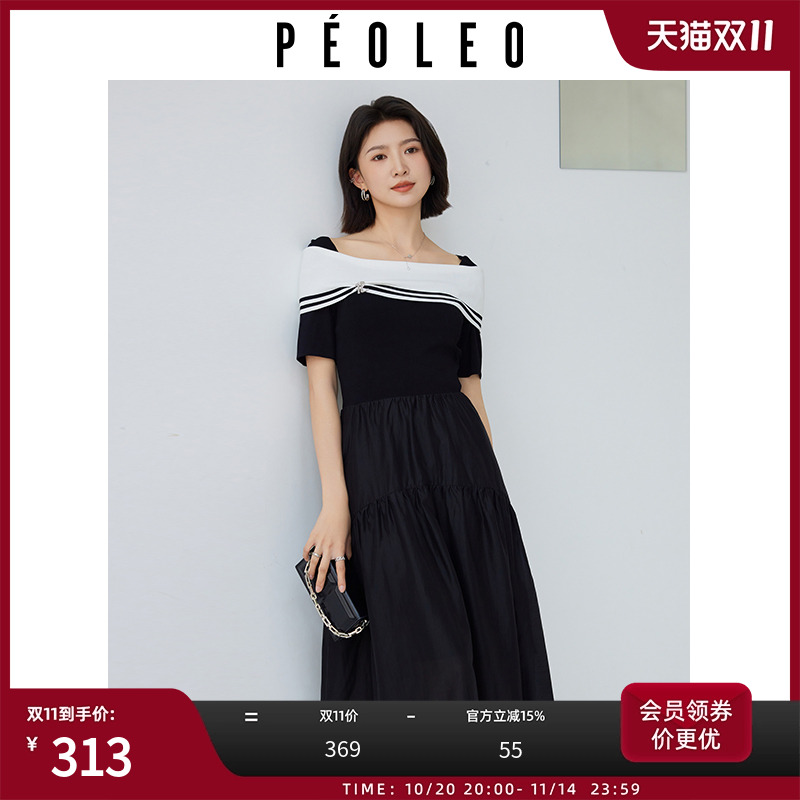 飘蕾撞色法式方领连衣裙