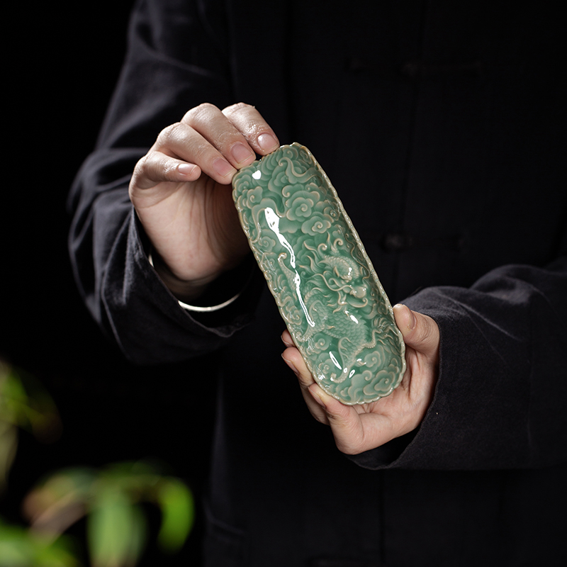 中式 梅子青雕刻瑞兽祥云麒麟纹陶瓷茶则海水腾龙纹茶荷 茶道零配