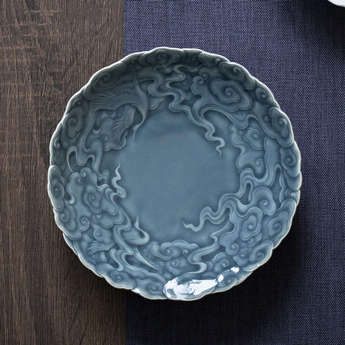 祎念湖田影青仙鹤祥云葵口壶承