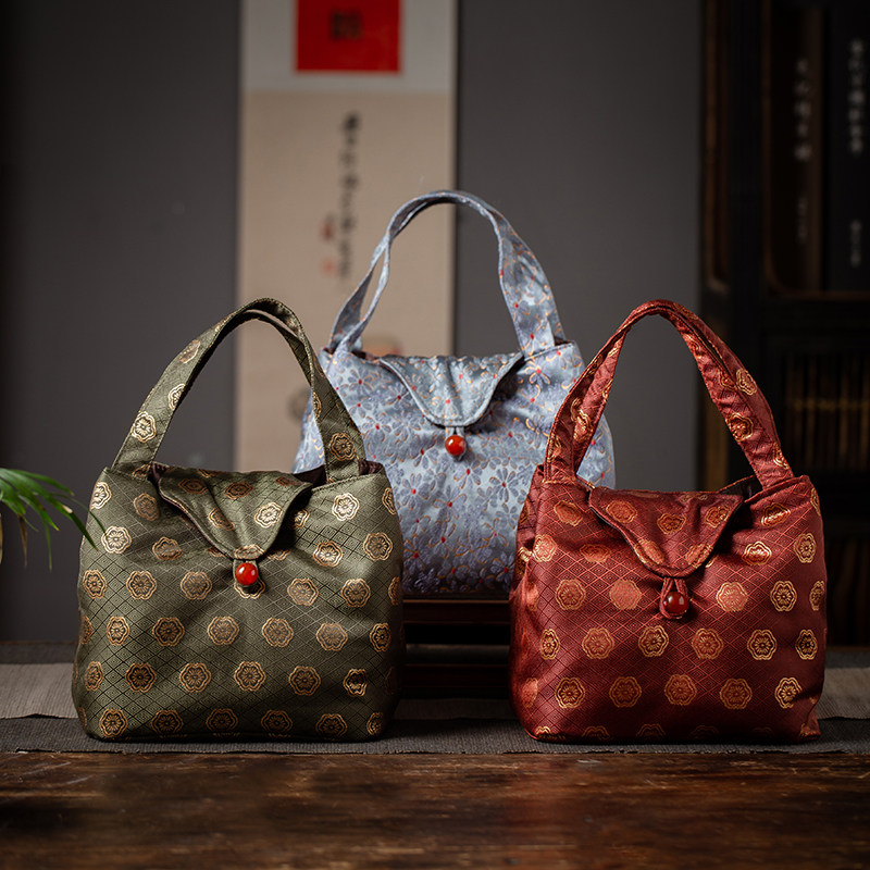 中式  复古云锦大容量旅行露营茶具收纳手提包  双层可拆卸相机包