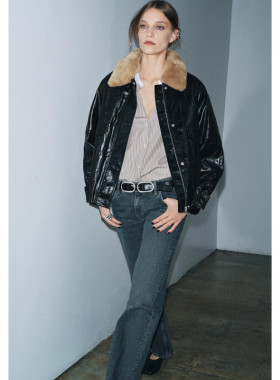 Z 秋冬新款 女装 PU仿皮可拆卸人造毛领厚款皮衣夹克外套 3548247