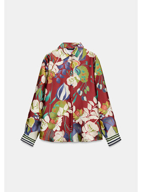 春夏新品 女装 欧美风休闲宽松丝缎质感花朵印花长袖衬衫 2355112