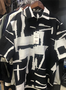 Z 男士休闲上衣泡泡纱纹理印花短袖宽松衬衫多色 7380702 807