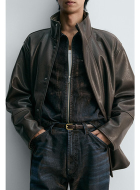 Z 秋季新款 男装 休闲宽松撞色立领中长皮衣仿皮夹克外套 3833308