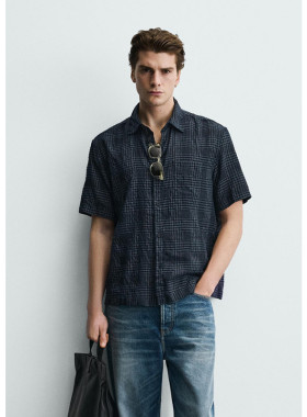 夏季新品 男装 棉混纺修身直筒翻领休闲短袖格子衬衫 1063471 073