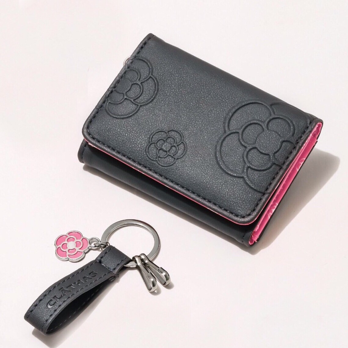 日本杂志款高品质钱包女短款搭扣三折山茶花零钱包可爱多功能皮夹