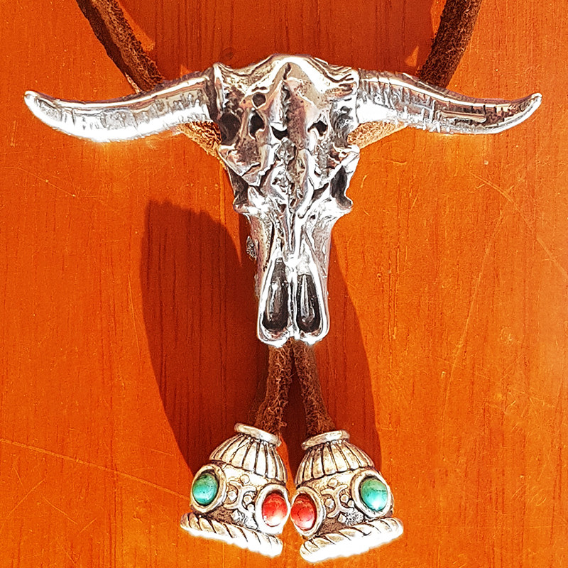 北美洲野牛头骨波洛领带西部印第安部落祭拜植鞣麂皮绒绳bolo tie