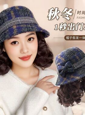 帽子假发一体时尚妈妈短卷发假发全头套秋冬季保暖渔夫帽假发帽子
