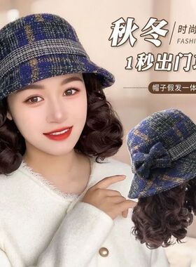 帽子假发一体时尚妈妈短卷发假发全头套秋冬季保暖渔夫帽假发帽子