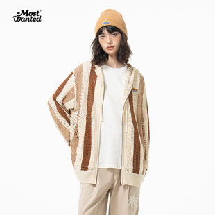 mostwantedlab条纹镂空针织连帽开衫卫衣春秋男女宽松针织衫外套