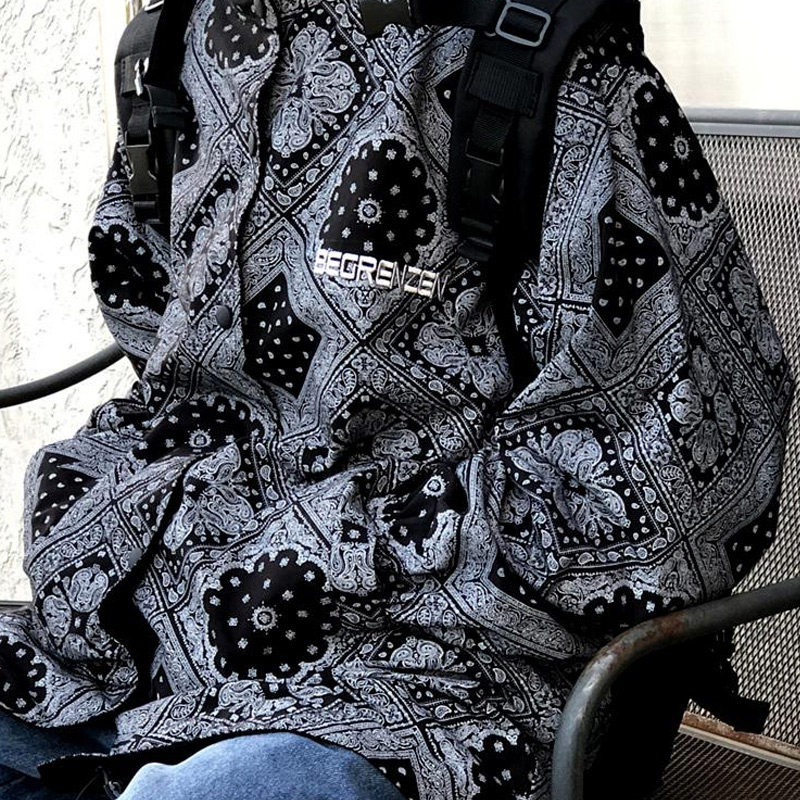 ozone hole 两面穿黑色外套男女情侣百搭腰果花宽松教练夹克