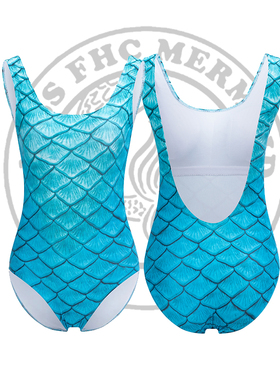 美人鱼鱼鳞连体泳衣遮肚自由潜水露背带胸垫三角游泳衣蓝色无钢圈