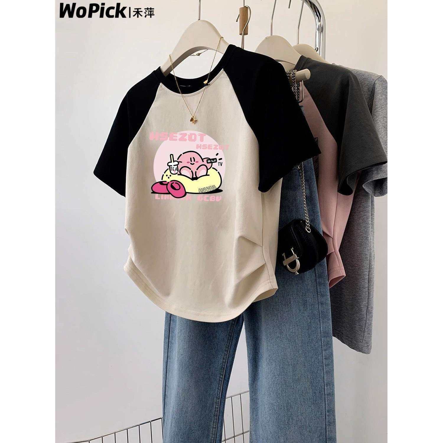 插肩袖卡通图案圆领短袖t恤女夏季2025新款褶皱收腰显瘦辣妹上衣