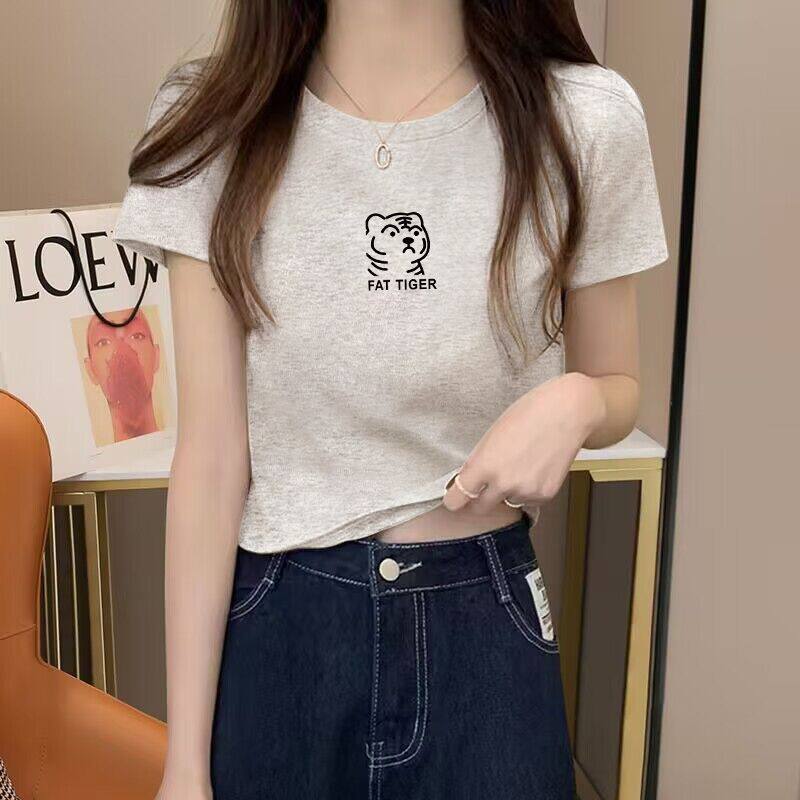 正肩灰色小个子独特别致短款短袖t恤夏季新款上衣女时尚洋气时髦